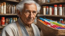 elderly male market trader selling many different types of toothbrush, showing his head and upper body, perfect eyes, perfect anatomy, exquisite composition, beautiful detailed intricate detailed octane render, 8k artistic photography, photorealistic, soft natural volumetric cinematic perfect light, chiaroscuro, award-winning photograph, masterpiece, raphael, caravaggio, bouguereau