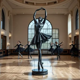 photo of a statue of ballerina made of black marbel in a modern ballroom with some exersising ballerinas