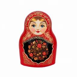 Russian Khokhloma-style patterns, a matryoshka doll in the middle, black and white shades on a red background, patterns on the sides