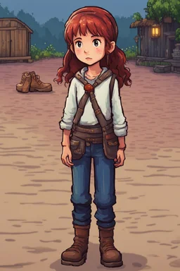 a young beggar girl who is ready to betray a man for money, stardew, valley style