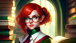 young elf woman, short shoulder length bright red hair, green eyes, freckles, shy, timid, nerdy, bookish, cute, natural beautiful, glasses, choker, skirt, spell caster, posing, resting over a desk, magic, library background, full body