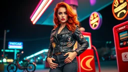 Amidst a kaleidoscope of colors at a retro-futuristic gas station, a daring woman reminiscent of a 1950s pin-up girl exudes confidence. Her fiery-red curls cascade over a leather jacket adorned with patches, and her high-waisted jeans hug her curves elegantly. This striking image, perhaps a digitally-enhanced photograph, captures every detail in vivid clarity. The neon lights reflect off her glossy red lipstick, and the retro pumps on her feet add a touch of glamour to the scene. The image is a