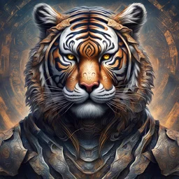 Warrior Tiger, cybernetic, Renaissance, intricate background