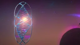 DNA double helix floating in space with the stars and planets