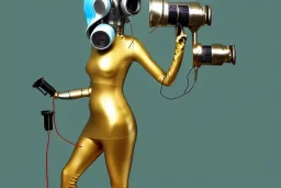 Tendril-gas-mask-Synthesizer-proboscis. Golden to cyan surfaces body, latex. skin is white hard plastic material. Cyborg. Metallic headphones and speakers, Old-fashioned cameras integrated to heads. Perfect body, thick thighs and calves. simple face. Wide hip, red fabric skirt bleats nicely. Partly symmetrical. Golden ratio. Space-corrosion, rusty and decayed background. Steam-machines-plunge-air-bottles. Blue euclidean 3D-tiling moth surveillance walls. Oppressive atmosphere