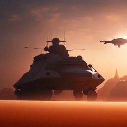 volumetric desert environment, Ralph McQuarrie style painting, armored hovercraft, floating in the air, highly detailed, renderman, duststorm at sunrise