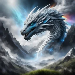 Breathtaking scene of a cloudy mountain range with superimposed multiple-exposed hyperealistic, Ultra-detailed white/grey fractal giant head of a Dragon with long flowing wings and tail with light blue/silver highlights, grass and a rainbow effect on a black background, high contrast, light effect, smoke effect, smoke and stars in the background