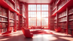 Modern red library interior with sunlight. Decor and desing concept. 3D Rendering