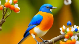 A colorful bird with orange and blue feathers perched on a branch with white flowers