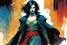 create a wildly imaginative full body portrait of an ethereal, otherworldly , medieval female vampire sorceress with extremely short hair in ragged ornate robes , in the comic book art style of Bill Sienkiewicz, Mike Mignola, and Jean Giraud Moebius, with highly detailed feminine facial features , finely drawn, colored and inked,