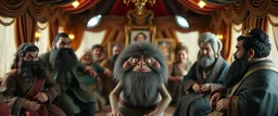 fat fascist dynasty soap opera, entire cast, photo shoot, posing, movie poster, with posters in it, close up portrait of hairy fluffy polymer clay cute female happy worried monster with realistic human colored and textured skin, and long sleek limbs and with studio lights, on a luxury ornate tent buss, talking to his aunt