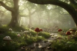 enchanted forest, rabbits, squirrels, mushroom, fairies