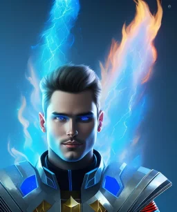 A portrait male character with blue flames surrounding him