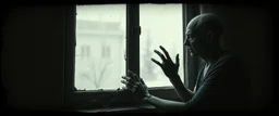 Style: gritty pin hole cam, mixed with Zdzisław Beksiński surrealism and Caravaggio chiaroscuro, tactile analog imperfections, muted tones, deep natural shadows, eerie realism, pinhole-camera softness, heavy vignetting, rugged irregular photographic border. Scene: a pale sickly vampire quietly cleaning a window in an old apartment, completely calm and domestic. Extremely detailed rough skin, dry porous texture, wrinkles, tiny flakes, visible veins, uneven natural imperfections