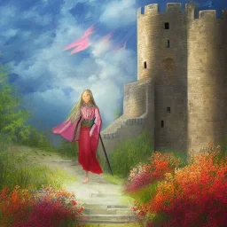  Castle into sky, with flowers of fire. Green clouds and birds. Shy girl going out of the main gate. Detailed painting, sharp color, medieval, intricate detail, far sceen, realistic colors, medieval concept art. spring.