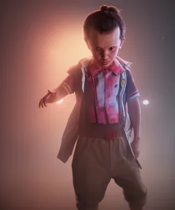 Stranger things eleven toddler, full body, dramatic lighting, hyper realistic