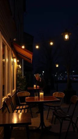 Cafe table outside with at night with dim lights on the tables in the style of vincent van Gogh, without people and animals only one man cleaning up