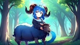 Girl, blue hair, goat horns, goat tail, clearing in forest