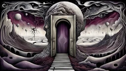 painted inner world with uncontrolled mind and neurodivergens soul, floating doors on sky, over surreal cracked weird empty land . no buildings, neverending stairs,. deep dark purple, gray, black, white, brown, malachit, cream color. Whimsical style of Redmer Hoekstra, of Anna Dittman. No people in picture, weird absurd beauty nightmare, black rawen, in background fade neuron network-web, surreal vibe, no humans