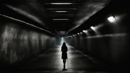 a woman silhouette in metro tunnel, dark shadows the walls, the heart ached with fear and sadness, for knows what the end, sinister, etheral, fog, dark mistic mood