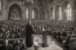 a priest in a crowded church who realizes that he is having an attack of colitis and, while he is preaching, tries to hold back a big fart. Insane details, photo shooted by Nadar. Low contrast, no hands