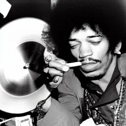 Jimi Hendrix at a turntable with headphones on being a DJ, cigarette in mouth