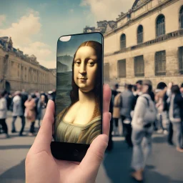 Holding up a vertical cell phone with a picture of the Mona Lisa in front of you to match the actual actual picture of the Mona Lisa, the Louvre background, photorealism, beautiful, concept art, complex contrast, dynamic composition, vivid colors