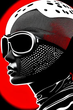 woman with red paint on full face, black round sunglasses, black and white swimming cap on head, black turtleneck, side view by joe scott , afrofuturism, futuristic, pop art, geometric, bizarre, surreal