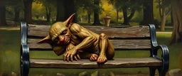 master oil painting by Rembrandt, orc gremlin sleeping on a bench in the park