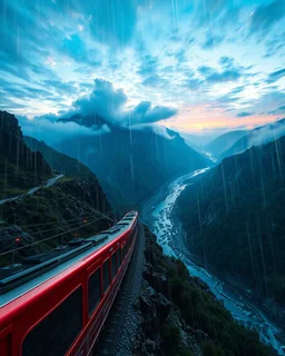 Long distance view Realistic Photography Panoramic style electric sky rain, atmospheric beautiful electric sky train, rides in stunning river and mountain landscape, mountain gorge, bright color palette, high detail, perfect composition, cinematic shot, intricate details, hyperdetail