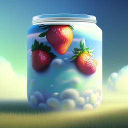 tropic landscape, white background, aerographic style,realistic painting of a big jar with marmelade,volumetric blue clouds,pink sky environment and flying strawberries in background, volumetric lighting,dramatic lighting, detailed digital painting, extreme dense and fine fur, anime, ornate, colour-washed colors, elegant, small minutiae, tiny features, particulars, centered, smooth, sharp focus, renderman gofur render, 8k, uhd, detailed eyes, real