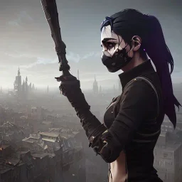 women, faces covered in black masks, ragged clothes, holding flag, war-torn, destroyed city in the background, 8k resolution, hyperrealistic, detailed matte painting, b&w, dynamic lighting, war, anarchy, terrorists