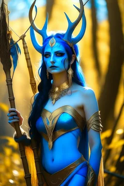 A picture of a beautiful blue faced indian goddess with skin painted blue, blue painted body, blue painted torso, wild black hair, stag antlers, elven ears, golden skirt, holding a staff in a sunny forrest