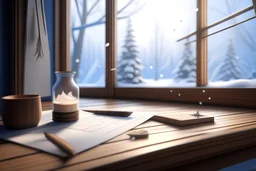 an anime style letter on a wooden table with a snowy window in the background