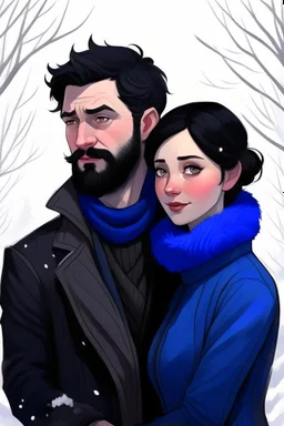 Winter nature scene, dark haired couple, man with short black beard, blue eyes, sketch
