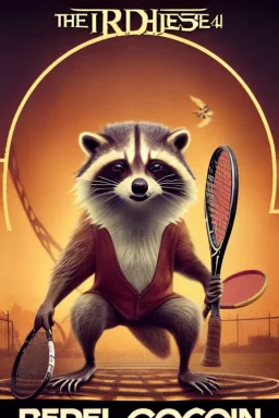 old man in 1928 poster advertising racoon tennis, raccons flying in air between tennis rackets while humans::4 use them as a tennis ball, evil, crazy