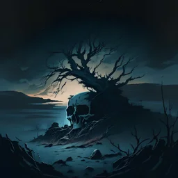a human skull in a desolate night landscape with a tree coming through it, semi-realistic, drawing, dark, old, abandoned, art, painting, anime style