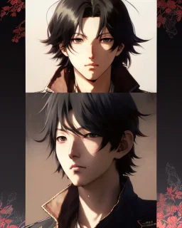 Detailed sad male anime boy with long brown hair, intricate details, full body portrait, keep head in frame, slight, black Japanese motif, concept art, highly detailed, digital painting, concept art, sharp focus, illustration, art by Yoji Shinkawa, WLOP and greg rutkowski and alphonse mucha and artgerm and yanjun Chen and Junji ito and Makoto Shinkai, HDR, octane render