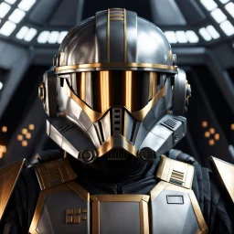 star wars bald male corellian pilot wearing dark gunmetal grey and black First Order special forces TIE pilot armored flightsuit and helmet with gold trim inside the jedi temple, centered head and shoulders portrait, hyperdetailed, dynamic lighting, hyperdetailed background, 8k resolution, volumetric lighting, light skin, fully symmetric details