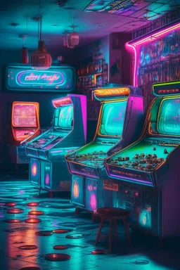 Beautiful pinball machines in a dark room with UV neon lights on the walls. Soft carpets on the floor, drinks in bottles and glasses on small tables