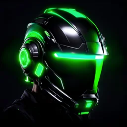 cyberpunk helmet, green lighting, black background