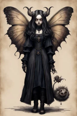 Jean-Baptiste Monge style 19th century hand drawn full body portrait dark gothic fantasy illustration of a walking hybrid Polyphemus moth goth girl, with highly detailed facial features with large sad eyes, drawings, 8k, vibrant natural colors, otherworldly and fantastic