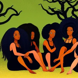 Octane rendered. .a group of women.five young black women sitting around a fire. Black Sisters. Sitting and Standing together. 4k Painting. Detailed. Fine details. the faces of 5 young black women. Young women sitting wood nymphs emerging from the forest. THeir hair looks like vines. Dreadlocs. Their skin is the colour of dark soil. their skin looks like tree bark. Their clothing is made of vines, grass and leaves.