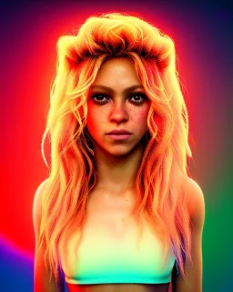 portrait, Shakira, blonde artist, Realistic image, drinking a strawberry milkshake, pink line make-up, sweat, fog, goddess style, Neon colors, leds. Color background, photo studio, concept art, smooth, unreal engine 5, god lights, ray tracing, RTX, lumen lighting, ultra detail, volumetric lighting, 3d, finely drawn, high definition, 4k.