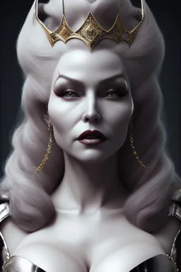 Mae West as evil queen in black leather, leather, busty, cleavage, angry, stern look. character design by cory loftis, fenghua zhong, ryohei hase, ismail inceoglu and ruan jia. unreal engine 5, artistic lighting, highly detailed, photorealistic, fantasy