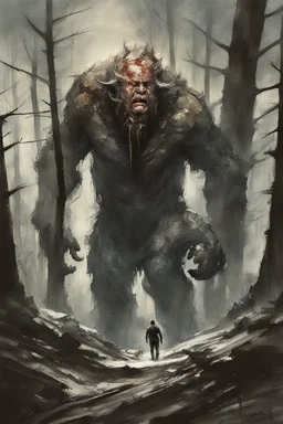 a stupid and crazy stone giant walks through the forest and breaks, vivid emotions, watercolor, photorealism, dark fantasy, bad weather, gloomy day, dark world, sketch art, fine lines, grunge, sensual, darkness, by Raymond Swanland & Alyssa Monks & Anna Razumovskaya