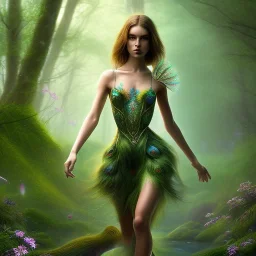 upper body of yohan diniz, fast walker, as a young cute feminine woman, short hair, green forest background, stream, mega flowers, tiny birds of many colors,peacock, dusk, fireflies