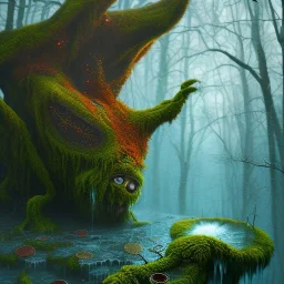 depth of field,focus on twisted mossy troll creature, spray painted fantasy art, book cover ,autumn icy water