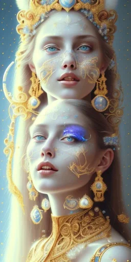 ultradetailed beautiful portrait painting of love Aphordite with long flowing white hair and sharp piercing gaze of blue eyes, smiling lip, sweet smile, alluring beauty, wearing jade jewels, roses, ultra ornate, gold leaf deatils, wearing white dress, by conrad roset, greg rutkowski and artgerm, trending on artstation