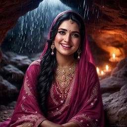 Hyper Realistic Photographic Outside View Of A Gorgeous Pashto Girl (Wearing Simple Burgundy Colored Dress With White Embroidery & Wearing Pink Dupatta On Her Neck) Happily Sitting & Smiling Boldy In A Cave & Showing Her Long Black Hair With Big Golden Crystals, With Heavy Rain Outside Cave At Dark Night Showing Dramatic & Cinematic Ambiance.